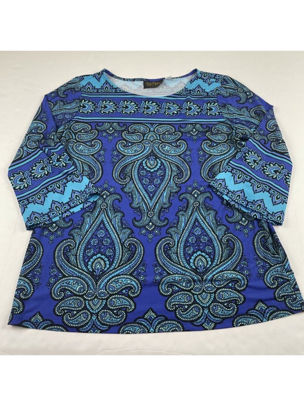 Bob Mackie Wearable Art 3/4 Sleeve Boho Top Women's M  Paisley Swoop Neck